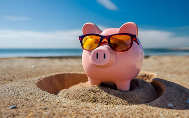 Fototapeta na wymiar Piggy bank wearing sunglasses at the beach for money saving wealth concept