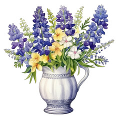 Vase with texas bluebonnet flowers, isolated on white