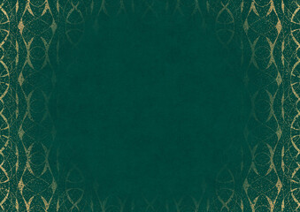 Dark cold green textured paper with vignette of golden hand-drawn pattern with golden glitter splatter. Copy space. Digital artwork, A4. (pattern: p10-3c)