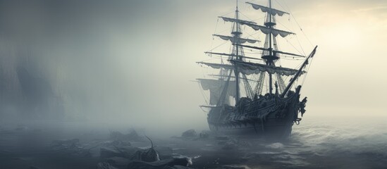 Ghostly pirate ship in the mist With copyspace for text