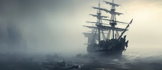 Keuken foto achterwand Schipbreuk Ghostly pirate ship in the mist With copyspace for text
