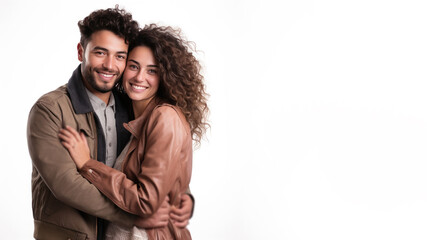 Fototapeta premium Couple Romantic standing side by side and hugging, isolated on white