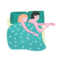 Couple sleeping in bed on white background, top view