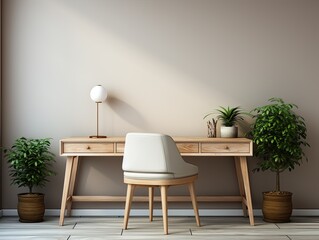 interior design of working space with wooden chair and wooden table with plant and pot beside calm vibes in beige color