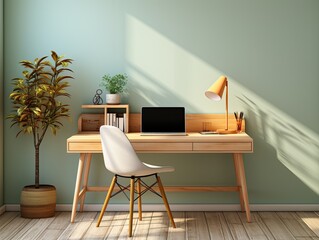 interior design of working home space laptop on table desk with calm vibes in green color