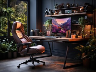 interior design of working home space computer on desk with calm vibes in dark grey color