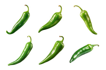 green chili peppers collection isolated on a transparent background