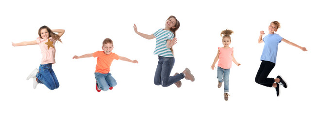 Fototapeta na wymiar Different kids jumping on white background, collage with photos
