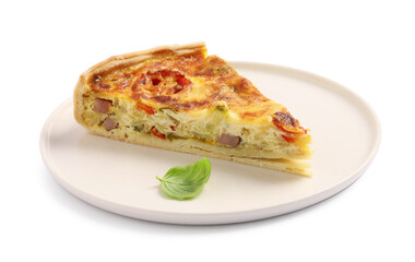 Piece of delicious homemade vegetable quiche isolated on white