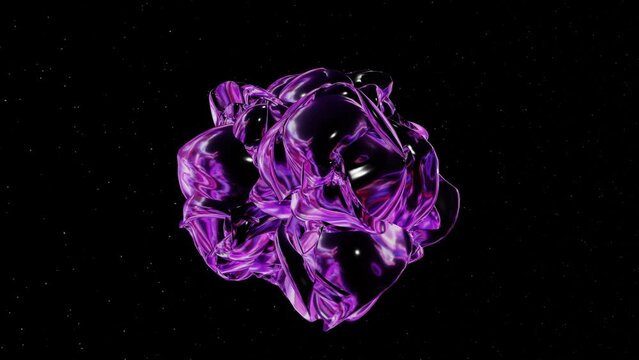 Morphing fluid metal blob pulsating in space background. Liquid Abstract psychedelic shape 3D animation in 4K resolution wallpaper. Bright holographic purple colors. Seamless looped 30fps animation