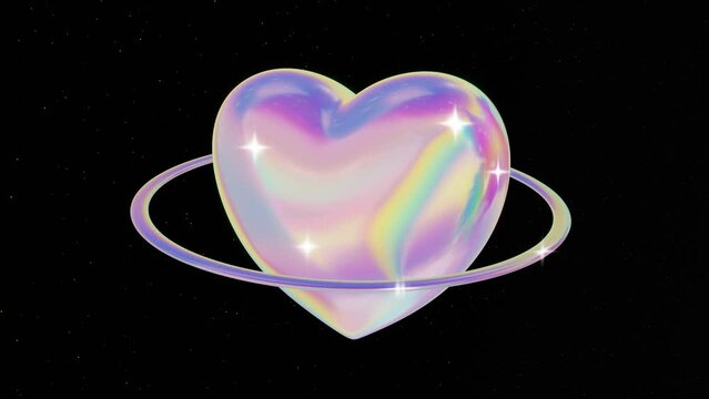 3d Abstract holographic chrome dreamy heart in space galaxy. Bright pink aura background wallpaper 4k y2k retro 80s 90s. Looped animation 4k 30fps 