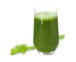 Glass of celery juice and fresh vegetable on white background