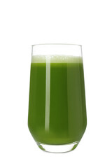 Glass of fresh celery juice on white background