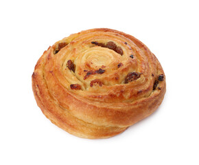 Freshly baked spiral pastry with raisins isolated on white