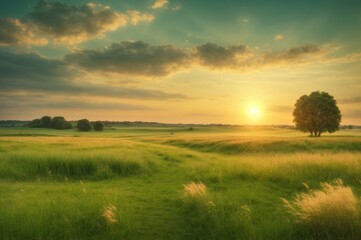 A beautiful summer rustic pastoral landscape panorama featuring tall flowering grass on a green, AI Generative