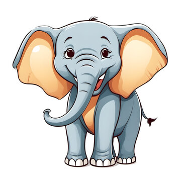 Cute Comic Elephant Smiles, Cartoon Style, Isolated with White Background