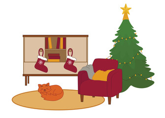 Interior of cozy living room decorated for Christmas on white background