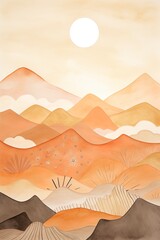 a boho vintage watercolor illustration of a landscape with mountains and sun with orange and gold colors.