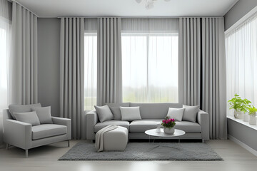 Fototapeta na wymiar Gray living room with curtain window concept and garden view. Gray sofa rug and chair decoration. modern bedroom frame house design. Modern living room