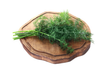 Serving board with sprigs of fresh dill isolated on white