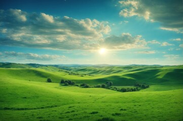 natural scenic panorama of a lush green field, with rolling hills and a clear blue sky, AI Generative