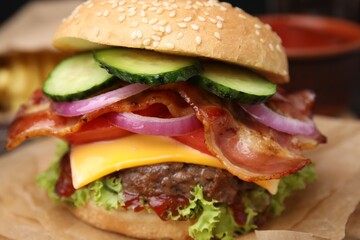 Tasty burger with bacon, vegetables and patty on parchment paper, closeup