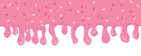 Dripping pink cream with sprinkles on white background