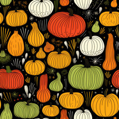 Fototapeta premium Pumpkin and gourd seamless background, illustration line drawing