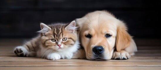 Golden retriever and British shorthair resting on the ground With copyspace for text