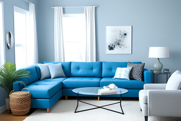 Styled some still lifestyle image. Contemporary living room with bright blue couch and throw pillows. 3d rendering