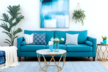 Styled some still lifestyle image. Contemporary living room with bright blue couch and throw pillows