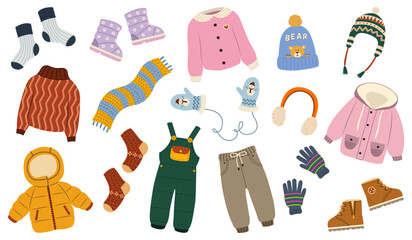 Collage of stylish winter clothes and accessories for children on white background - obrazy, fototapety, plakaty