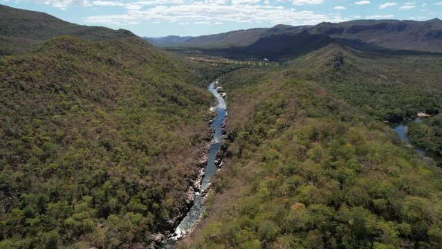 drone view Funil do Rio Preto, waterfall, beach and river, Colinas do Sul, Goi&aacute;s, Brazil