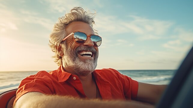 A Happy elderly man enjoying road trip A luxurious Cabrio adventure Wealth and independent lifestyle.