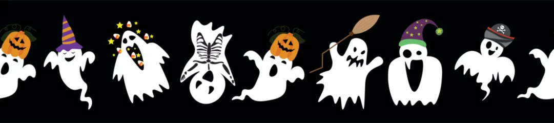 Fotobehang Set of many Halloween ghosts on black background © Pixel-Shot