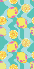 Many lemons on blue background. Pattern for summer season