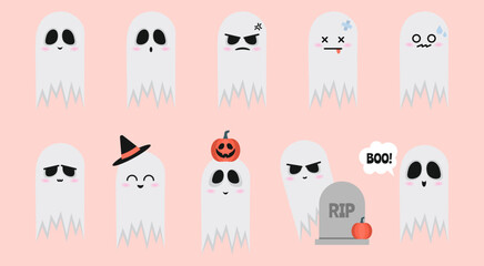 Set of funny ghosts on pink background