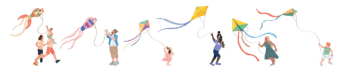 Set of people flying kites on white background - obrazy, fototapety, plakaty