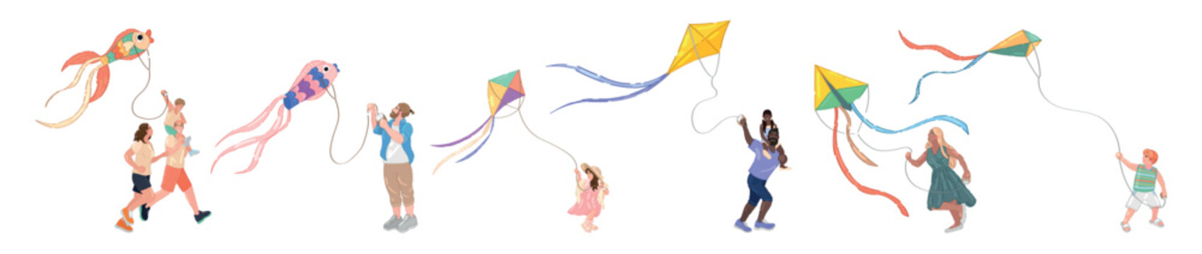 Set Of People Flying Kites On White Background