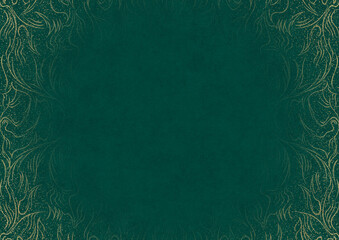 Dark cold green textured paper with vignette of golden hand-drawn pattern with golden glitter splatter. Copy space. Digital artwork, A4. (pattern: p11-1a)