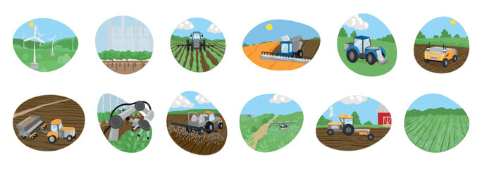 Set of icons with modern agricultural tractors, smart drones and robotic machines in fields