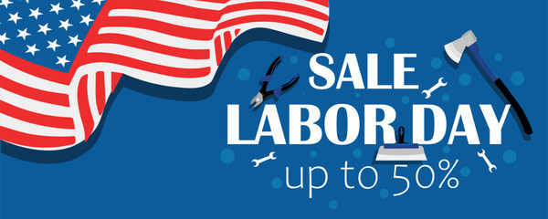 Long banner for Labor Day Sale with USA flag and tools