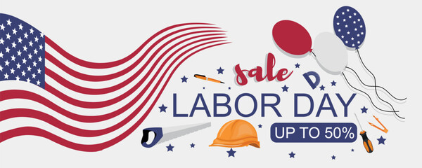Long banner for Labor Day Sale with USA flag, balloons and tools