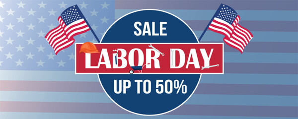 Long banner for Labor Day Sale with USA flags and tools