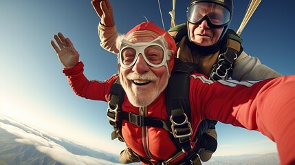 Tourism and travel: Two elderly skydivers are jumping from a small plane. Happy elderly man...