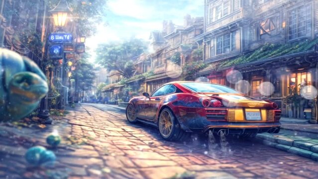 Snowfall landscape in winter with sports cars on city streets. Seamless looping anime style virtual animated background