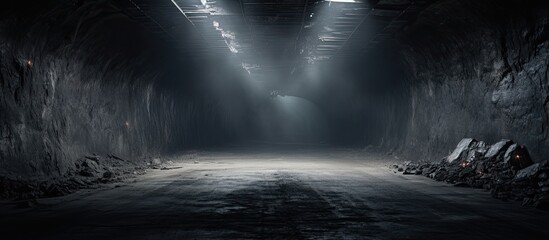 The cave in of the chalk mine with metal roof supports With copyspace for text
