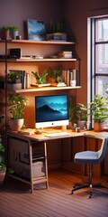 cube cutout of an isometric programmer bedroom with a gaming pc, windows, plants bookshelves, desk, 3d art, muted colors, soft lighting, high detail, concept art, behance, ray tracing
