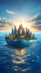 Fototapeta premium Atlantis lost continent underwater temples. Fantasy deep island illustration over the horizon created using ai technology