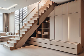 Luxury contemporary interior design in a multi storey home with sleek wooden stairs and custom cabinets under them for storage. Stylish gentle calming composition